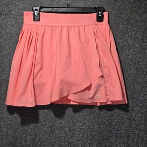 Alo Yoga Aces Tennis Skirt Women's M Peach Pleated Varsity Logo Waistband Mini